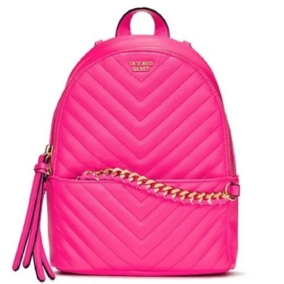 Victoria’s Secret | Hot Pink Mini Quilted & Gold Chain Backpack - Picture 2 of 15